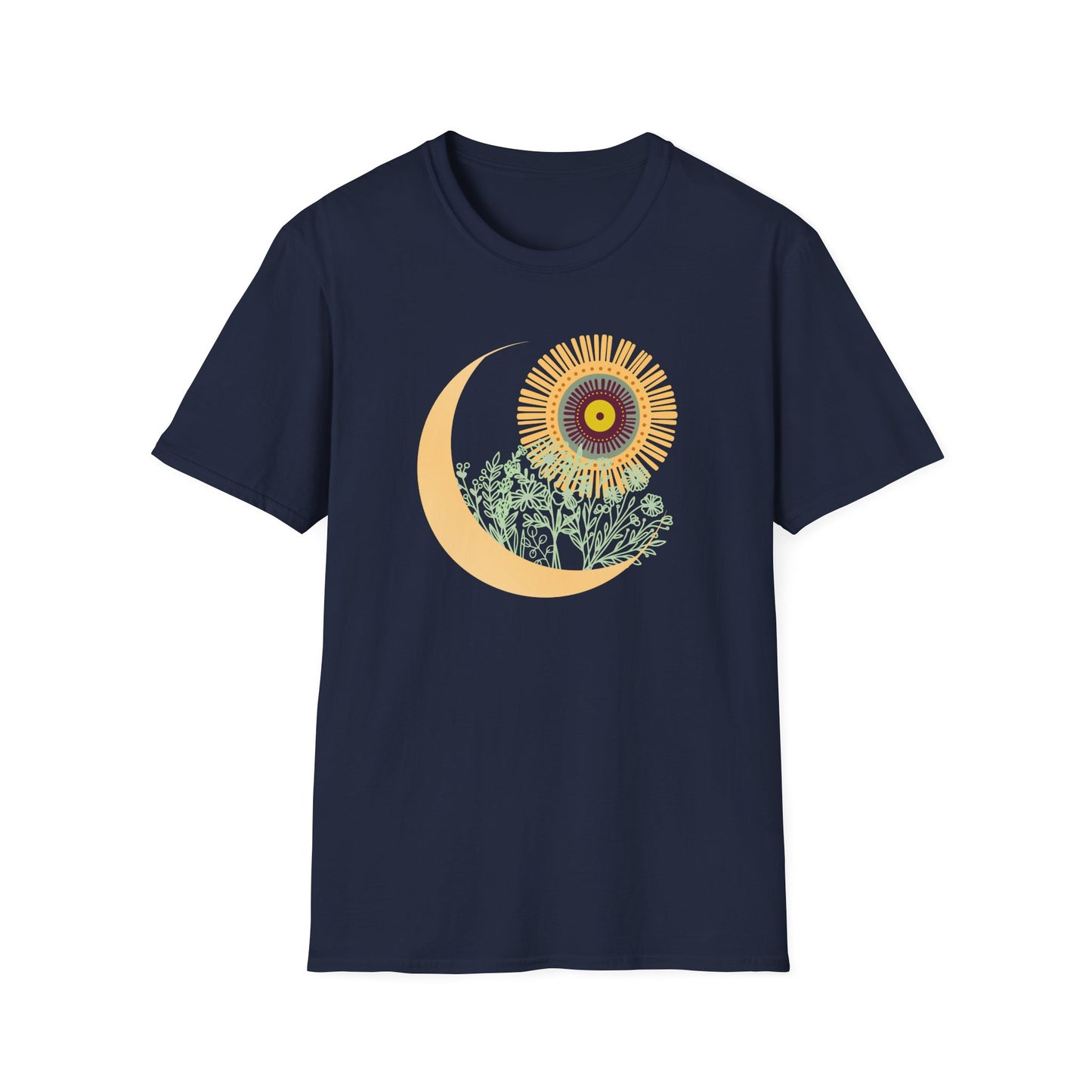 Lunar Bloom” – Crescent Moon and Wildflower Spiritual Tee