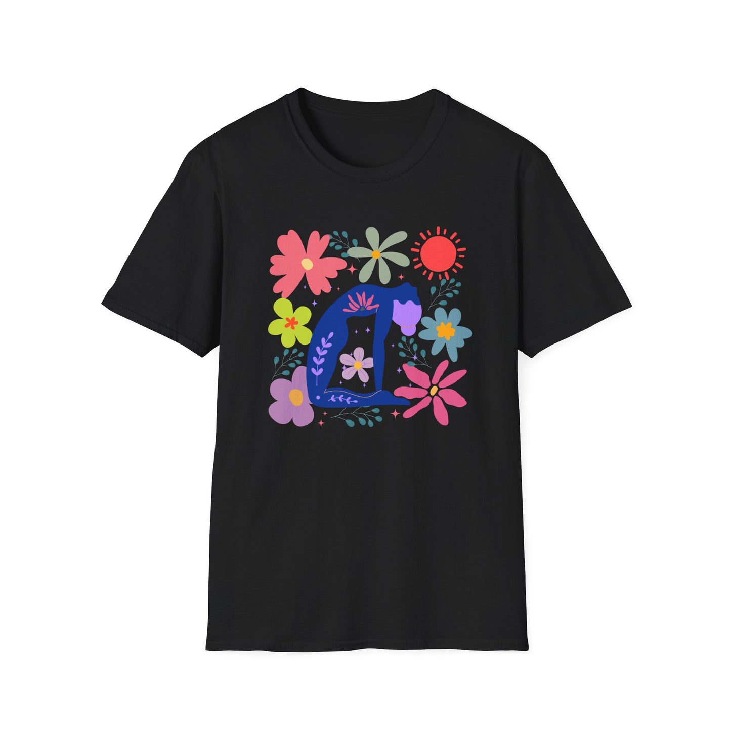 “Bloom Through Movement” – Colorful Floral Yoga Pose Tee