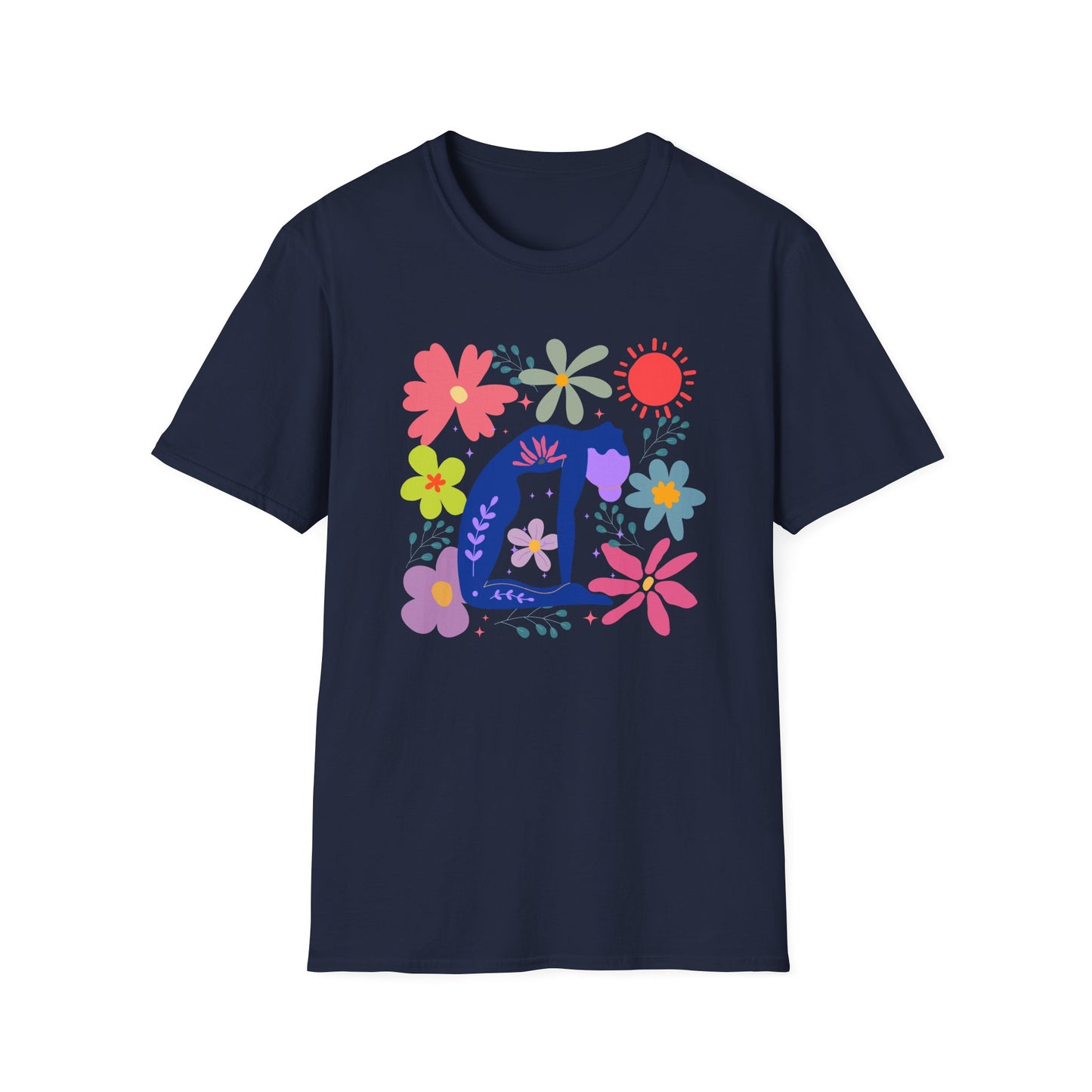 “Bloom Through Movement” – Colorful Floral Yoga Pose Tee