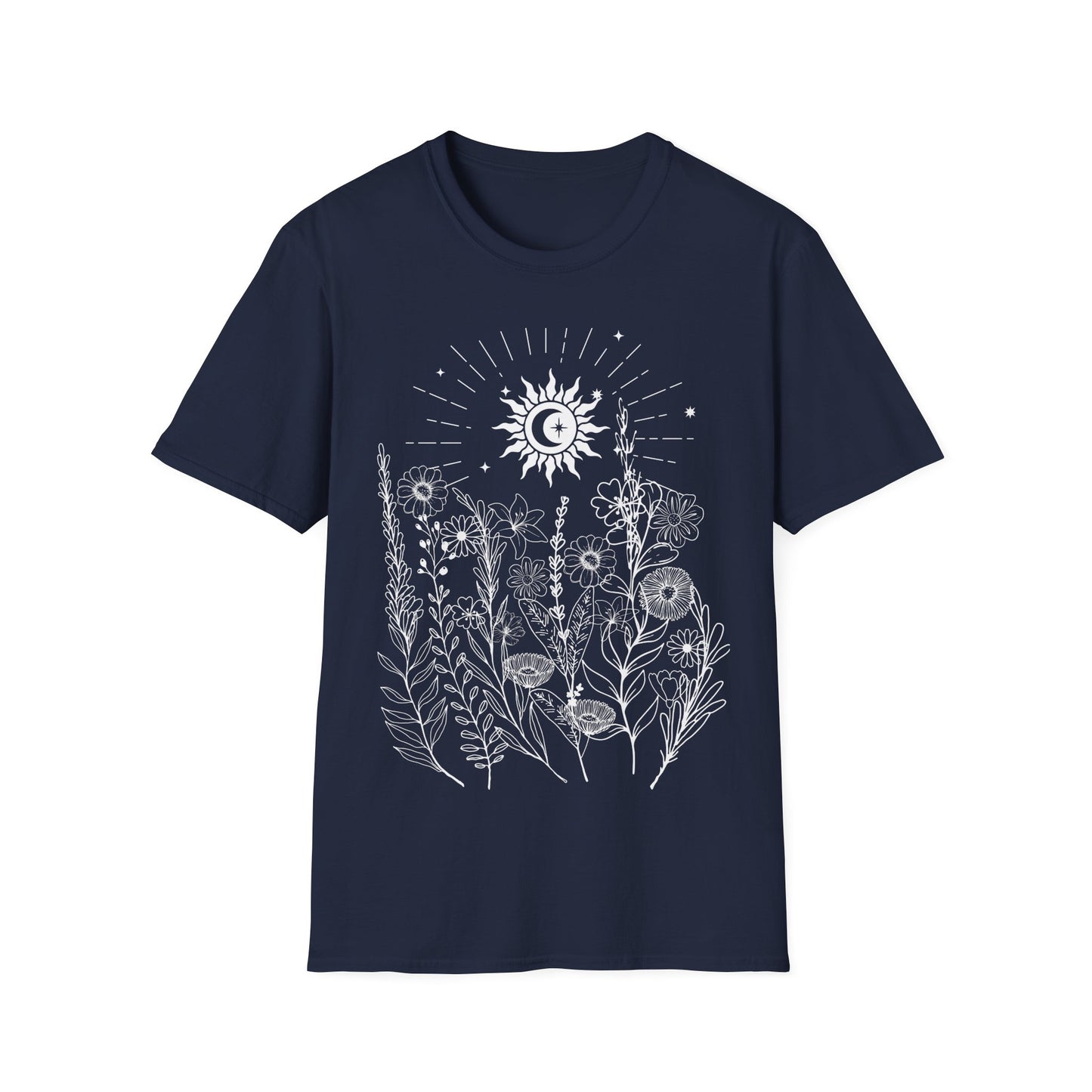 Sacred Bloom Under Cosmic Light” – Botanical Sun Moon Tee for Spiritual Women