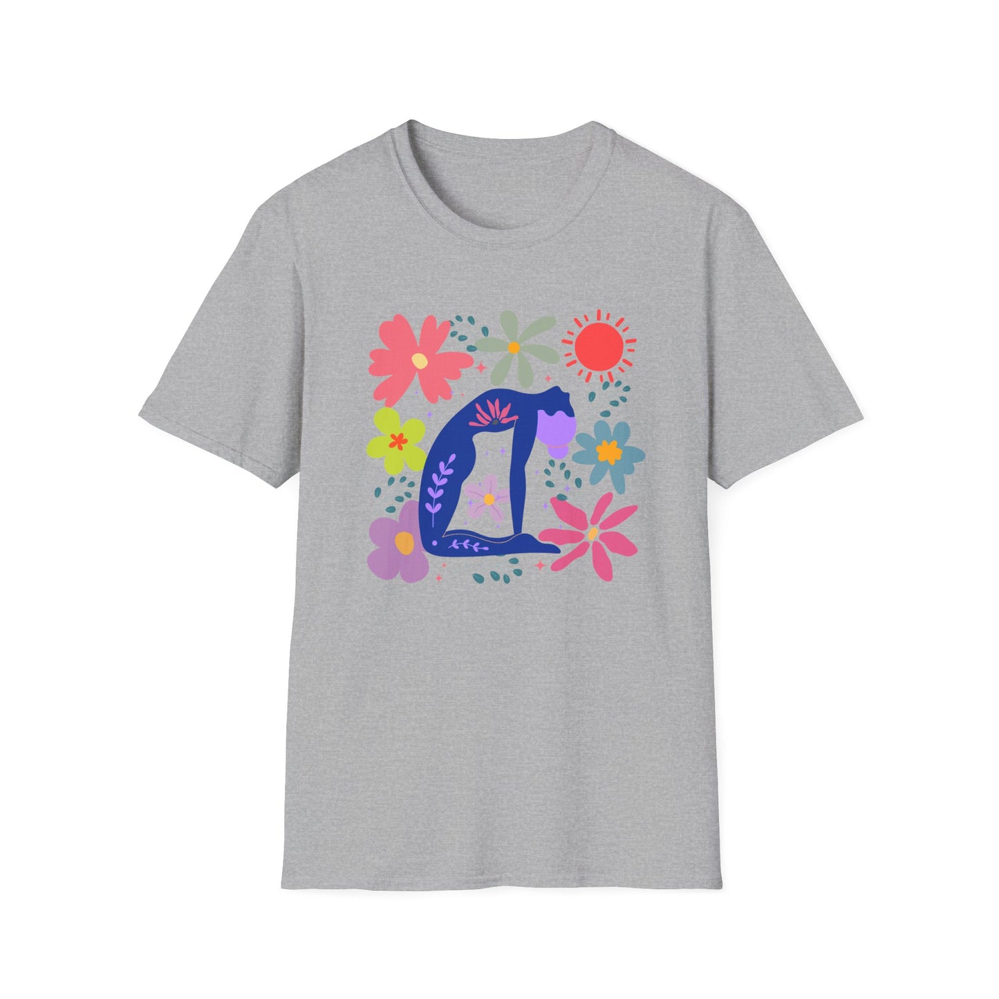 “Bloom Through Movement” – Colorful Floral Yoga Pose Tee