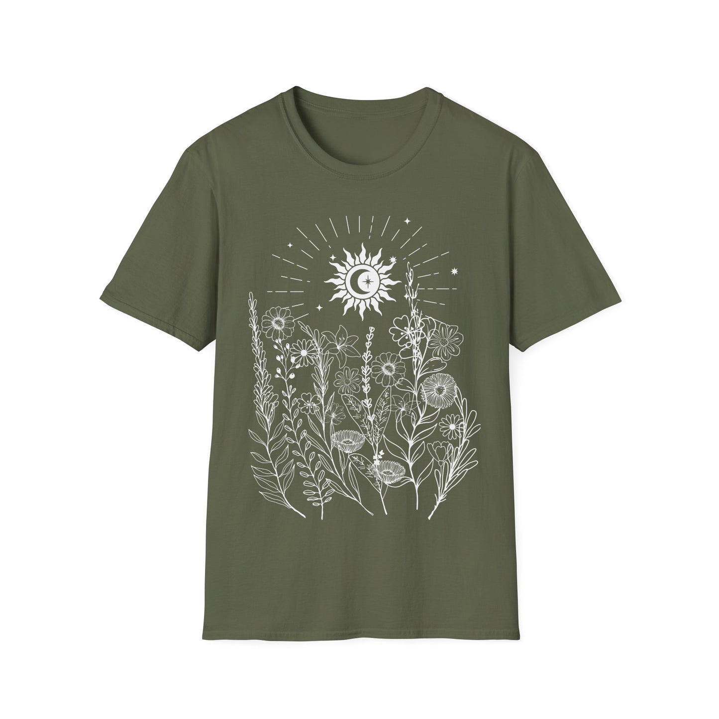 Sacred Bloom Under Cosmic Light” – Botanical Sun Moon Tee for Spiritual Women