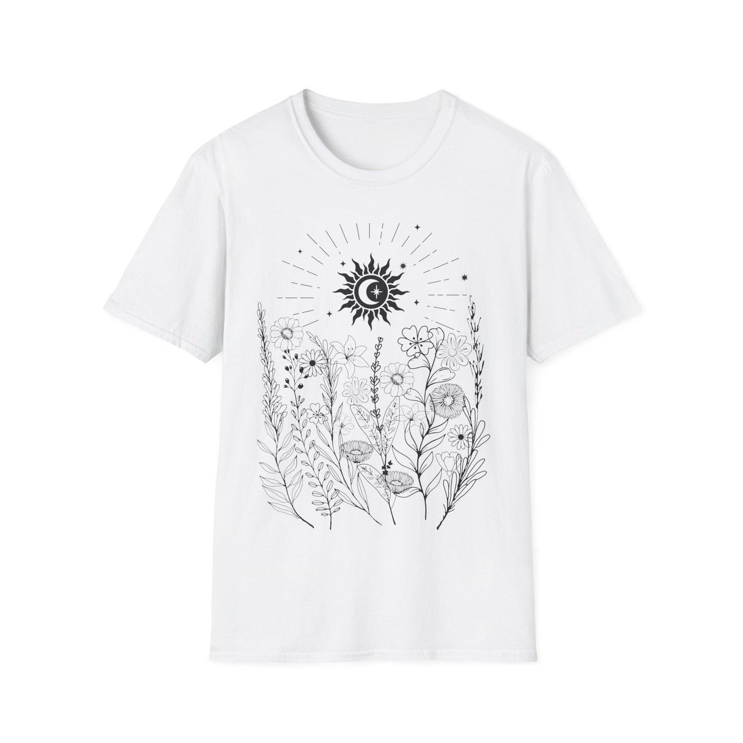 Sacred Bloom Under Cosmic Light” – Botanical Sun Moon Tee for Spiritual Women