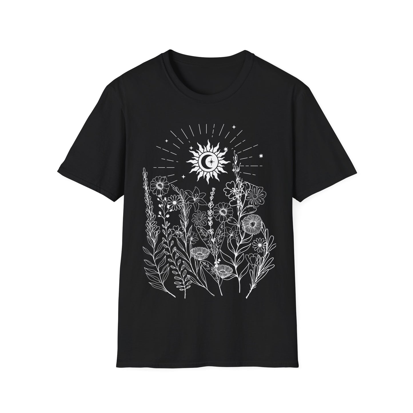 Sacred Bloom Under Cosmic Light” – Botanical Sun Moon Tee for Spiritual Women