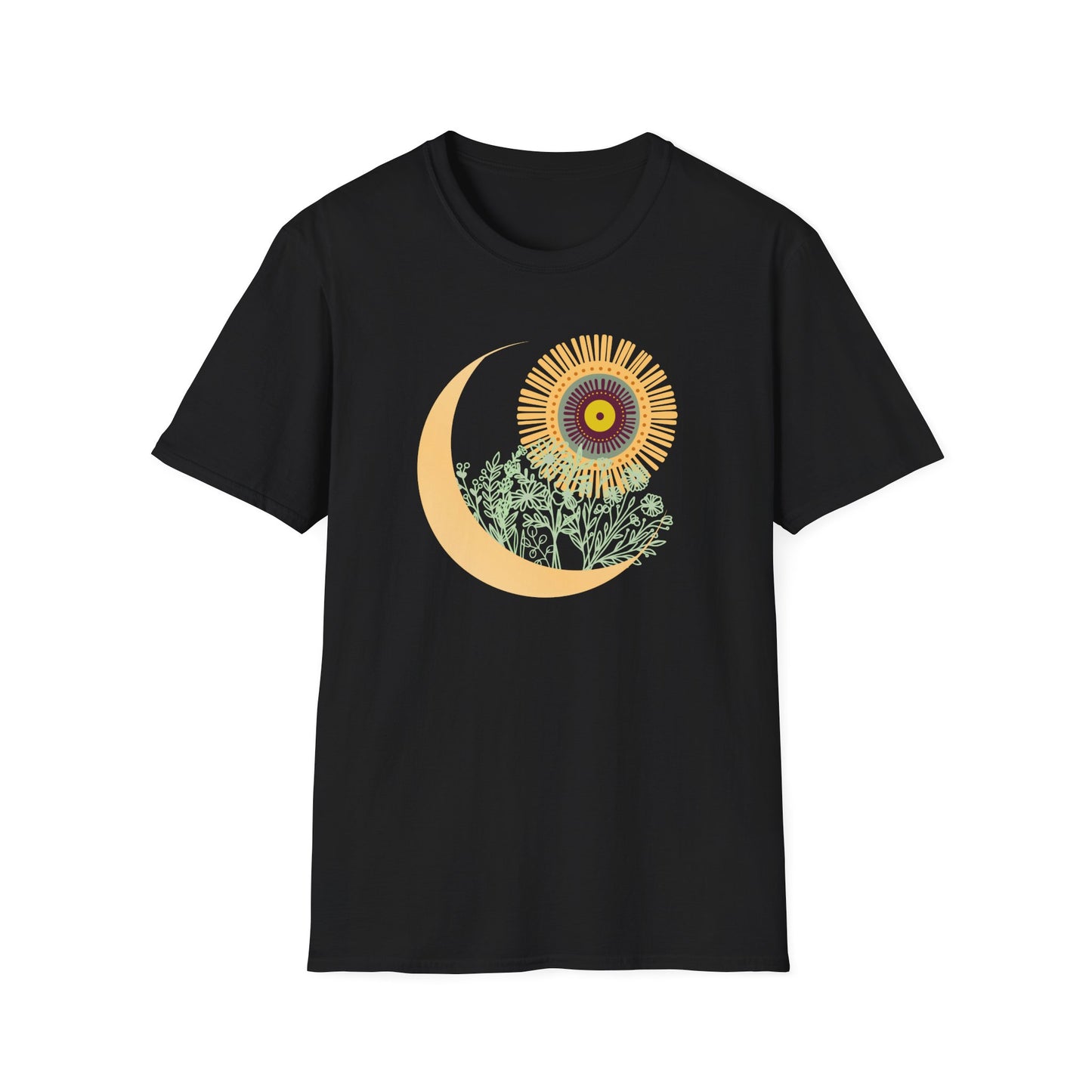 Lunar Bloom” – Crescent Moon and Wildflower Spiritual Tee