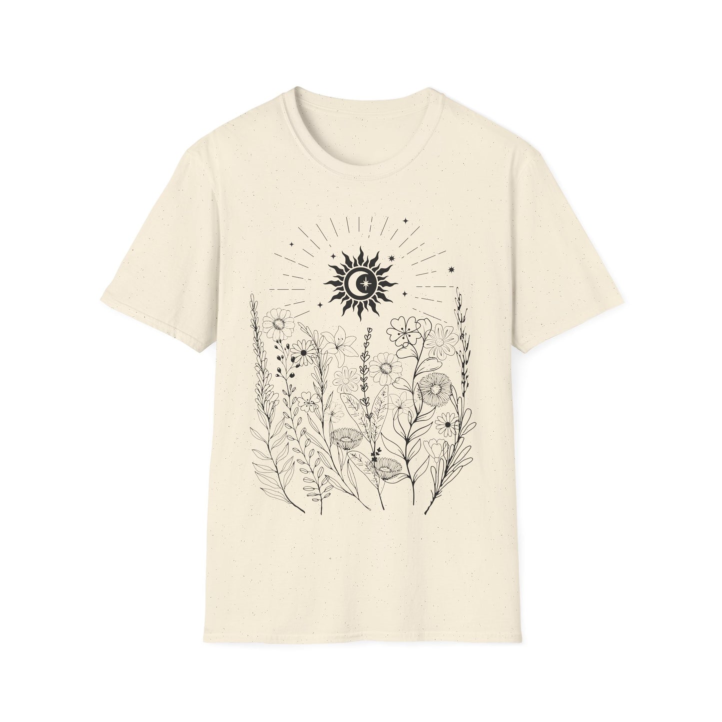 Sacred Bloom Under Cosmic Light” – Botanical Sun Moon Tee for Spiritual Women