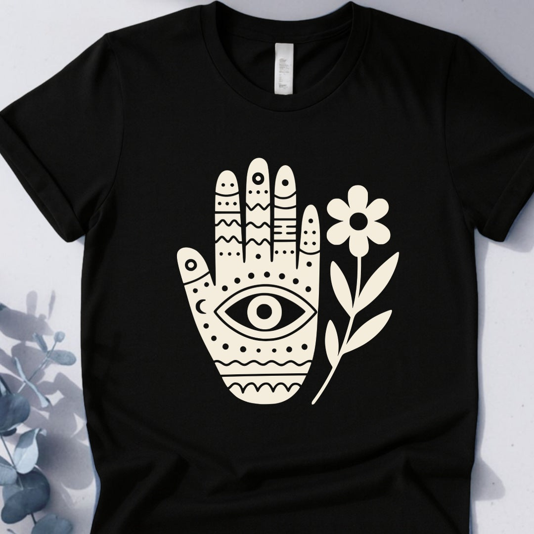 Sacred Bloom — Hamsa Hand & Flower Tee