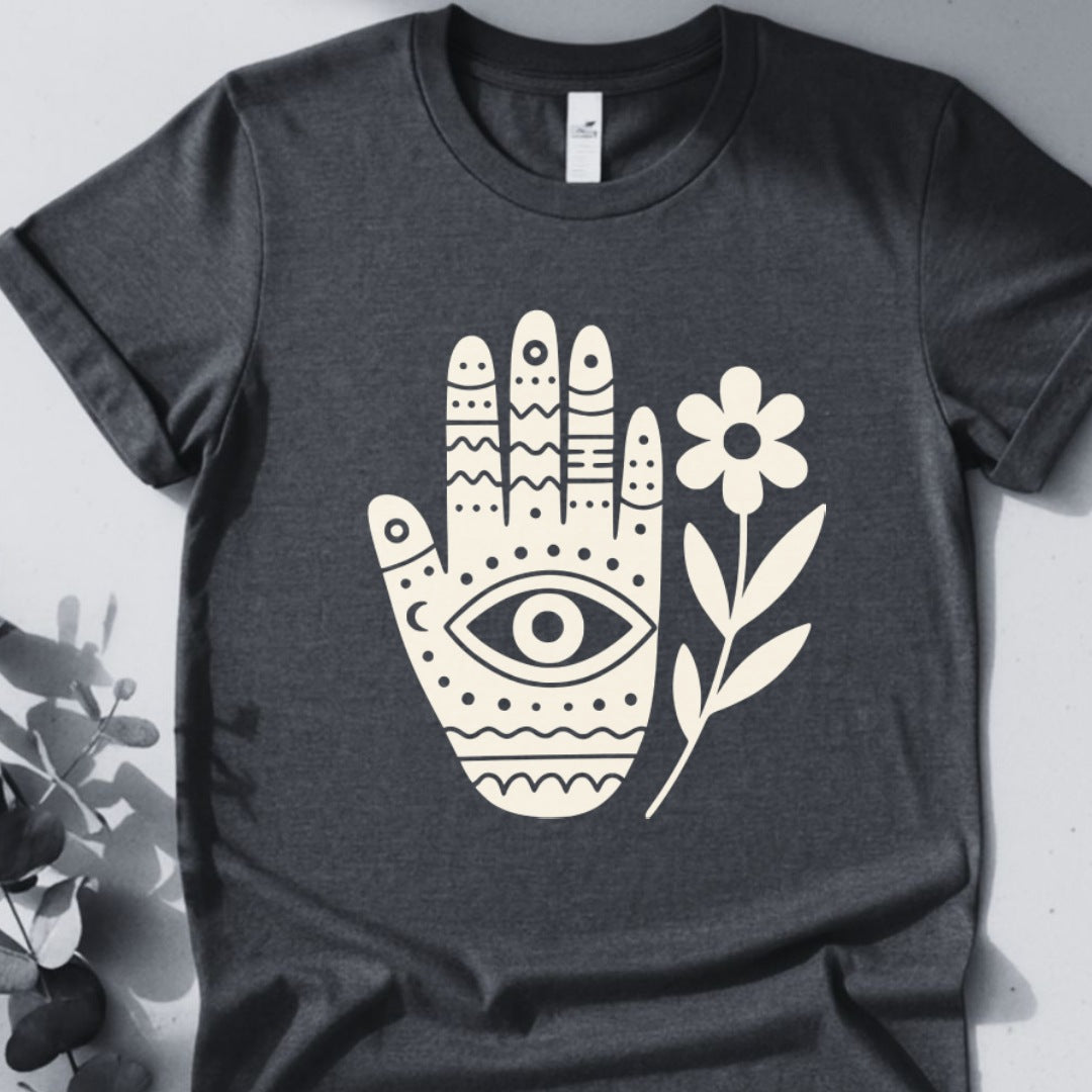 Sacred Bloom — Hamsa Hand & Flower Tee