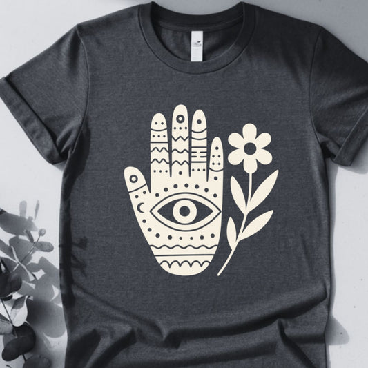 Sacred Bloom — Hamsa Hand & Flower Tee