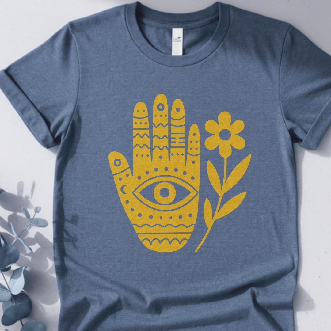 Sacred Bloom — Hamsa Hand & Flower Tee
