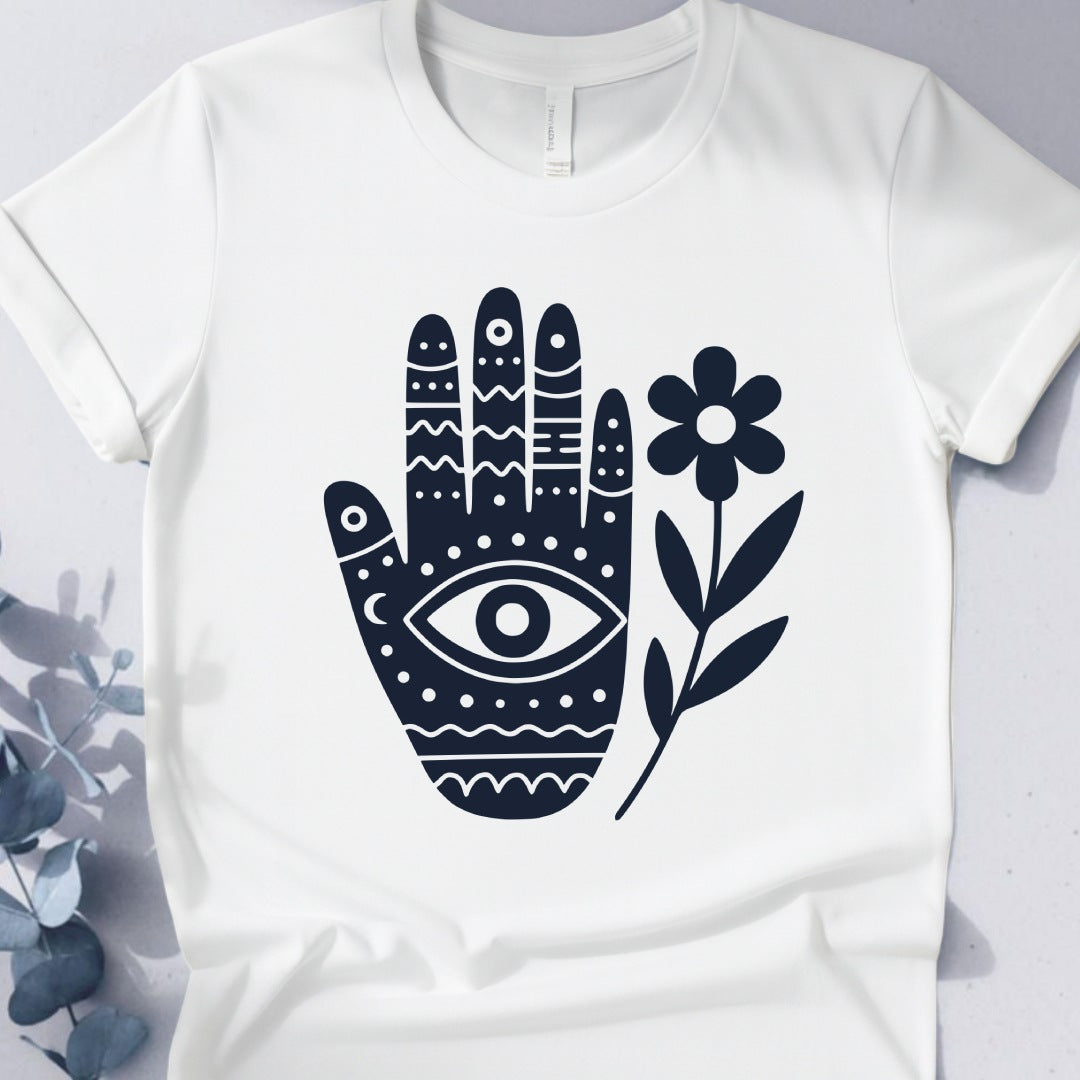 Sacred Bloom — Hamsa Hand & Flower Tee