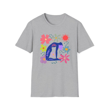 “Bloom Through Movement” – Colorful Floral Yoga Pose Tee