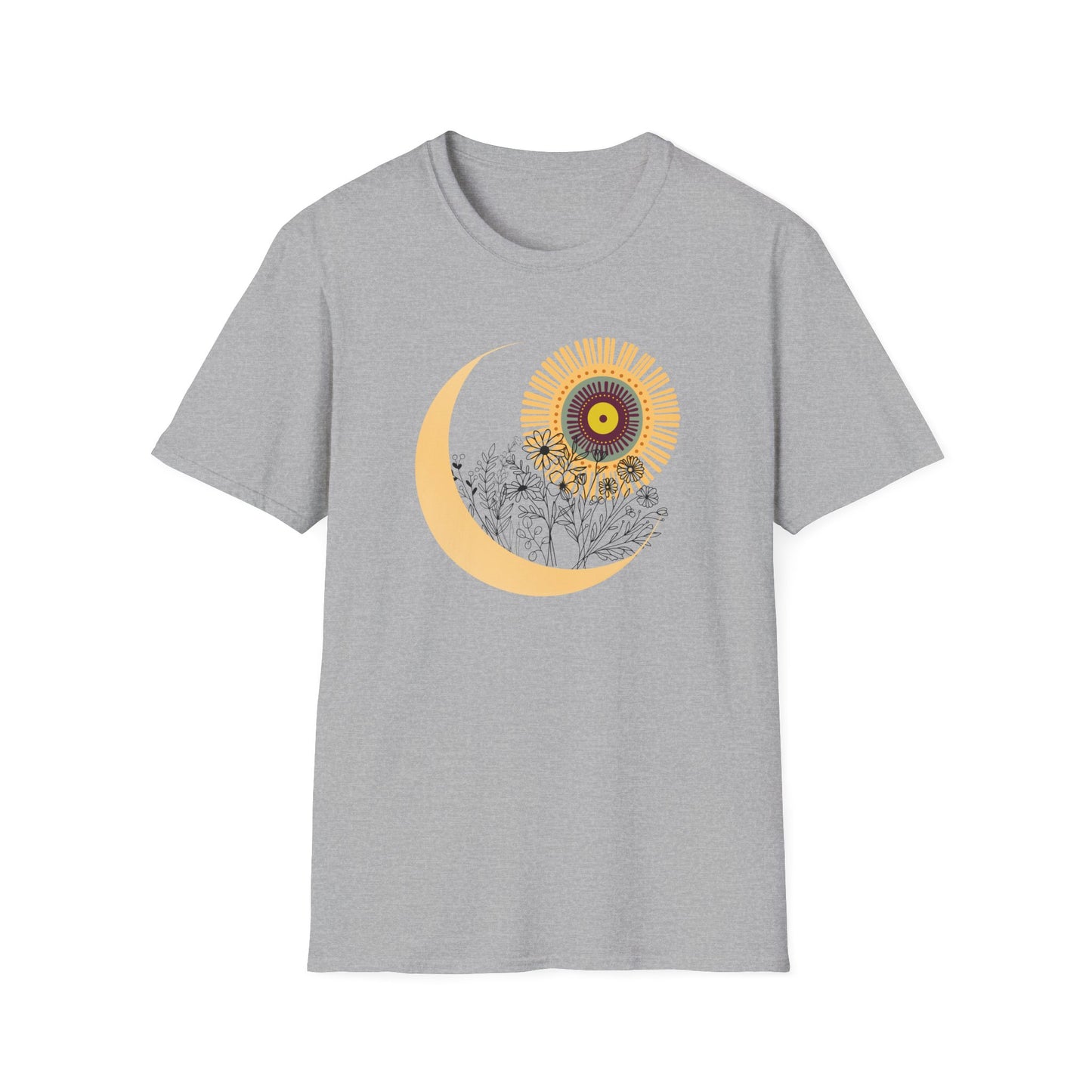 Lunar Bloom” – Crescent Moon and Wildflower Spiritual Tee