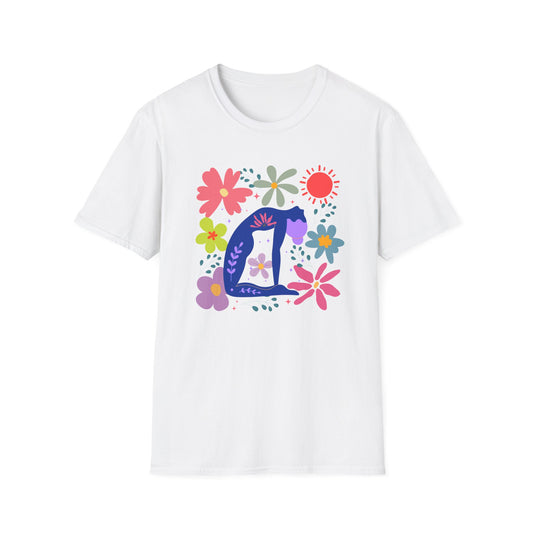 “Bloom Through Movement” – Colorful Floral Yoga Pose Tee