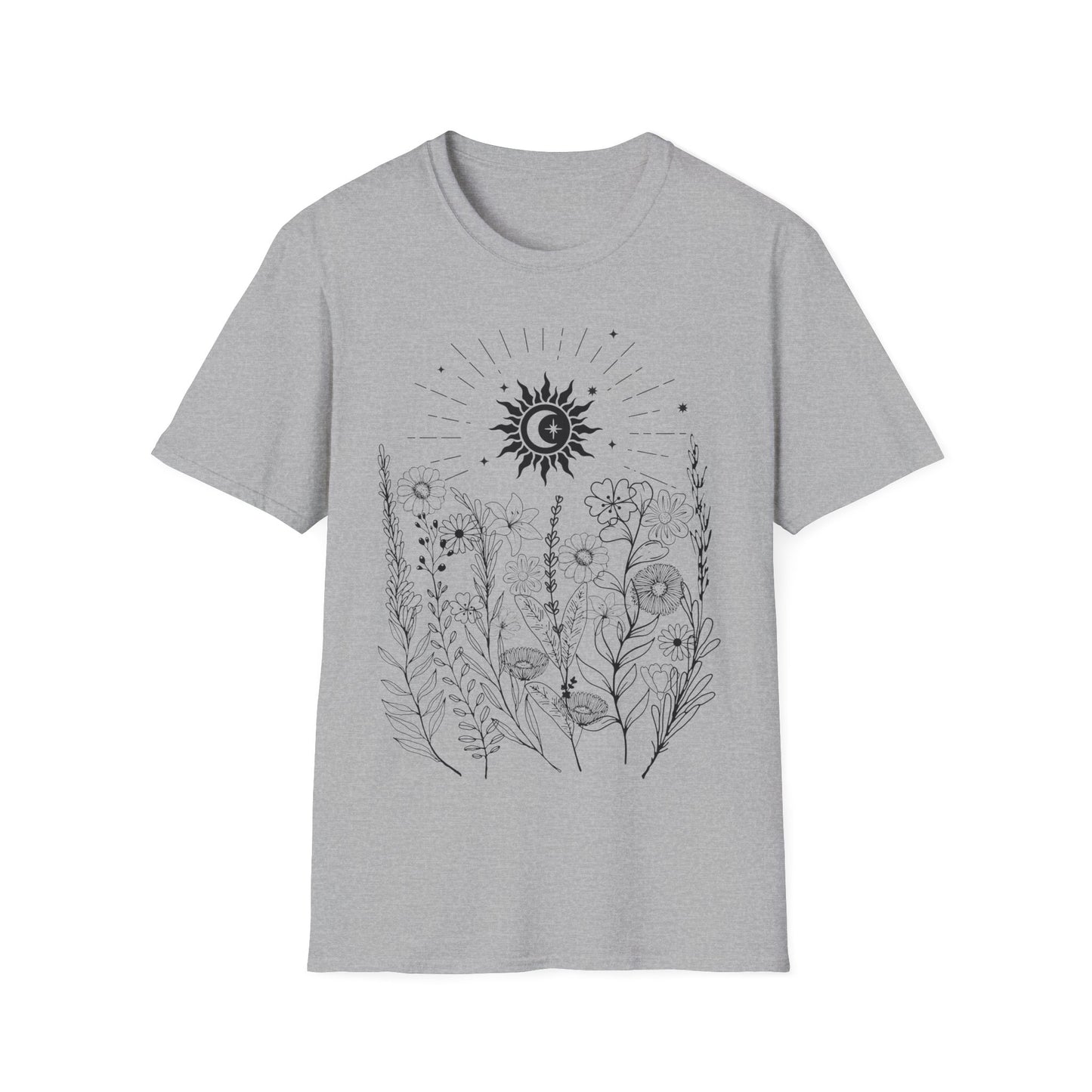 Sacred Bloom Under Cosmic Light” – Botanical Sun Moon Tee for Spiritual Women